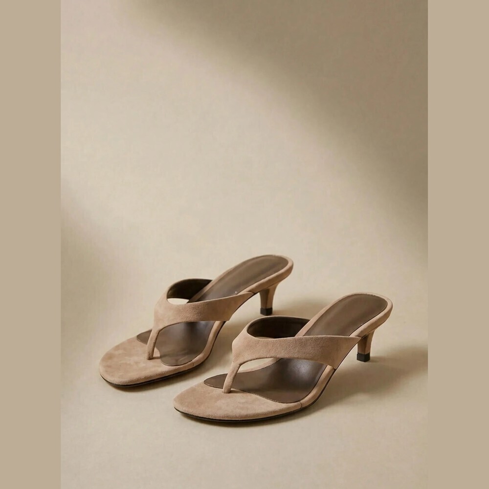 Tan Vegan Suede Thong Sandals With Kitten Heel
